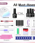 Image of 27 Colors Gel Nail Polish Kit With UV And LED Light Lamp For At Home Manicures, Curing Gel Polish Set With Base Coat Top Coat And Manicure Tools, Wide Range Of Fun Colors For DIY Nail Art, showing lamp, gels, and tools.