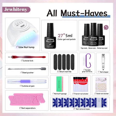 Image of 27 Colors Gel Nail Polish Kit With UV And LED Light Lamp For At Home Manicures, Curing Gel Polish Set With Base Coat Top Coat And Manicure Tools, Wide Range Of Fun Colors For DIY Nail Art, showing lamp, gels, and tools.