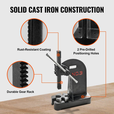 Rugged 3 Ton Manual Arbor Press, Heavy Duty Cast Iron Desktop Hand Press with rust-resistant coating and durable gear rack.