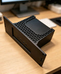 Heavy Duty 2U Rack Mount Shelf For 10 Inch Server Bracket showing black honeycomb design, adjustable slide rails, and flat surface.