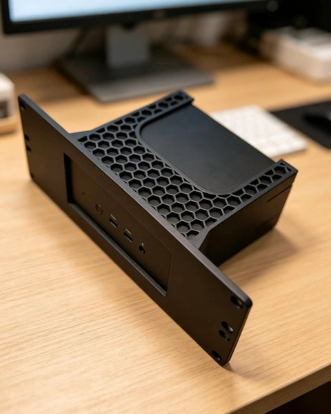 Heavy Duty 2U Rack Mount Shelf For 10 Inch Server Bracket showing black honeycomb design, adjustable slide rails, and flat surface.