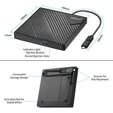 External DVD Drive USB 3.0 And USB C Slim Portable CD DVD RW Burner For Laptop And Desktop PCs Windows Mac Linux Plug And Play Optical Drive Reader Writer Ultra Thin Travel Ready, 140mm black slim body