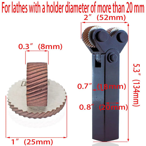 7pc High Strength Double Wheel Lathe Knurling Tools Set displayed with size measurements and diagonal knurling wheels for lathes