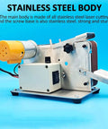 Compact Mini Belt Sander With Polishing Wheel And Automatic Tensioning For Desktop Use, stainless steel body with powerful motor.