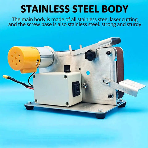 Compact Mini Belt Sander With Polishing Wheel And Automatic Tensioning For Desktop Use, stainless steel body with powerful motor.