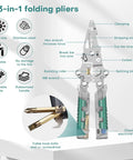 23 In 1 Foldable Go-To Electrical Pliers Multitool With Wire Stripper, showing tool functions and features on a diagram background.