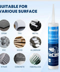 RV Roof Sealant Self Leveling White Two Pack Lap Caulk For Roofing shown with compatible materials like EPDM, PVC, metal.