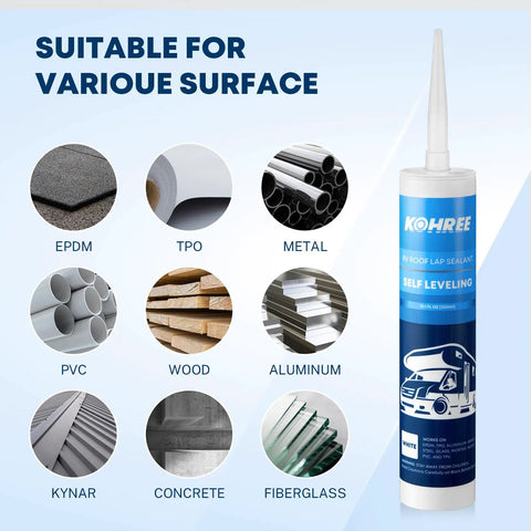 RV Roof Sealant Self Leveling White Two Pack Lap Caulk For Roofing shown with compatible materials like EPDM, PVC, metal.