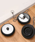 General Use Bath Tub Drain Stopper, with 10CM Chain displayed on a wooden surface, featuring chrome and black design.