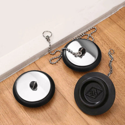 General Use Bath Tub Drain Stopper, with 10CM Chain displayed on a wooden surface, featuring chrome and black design.