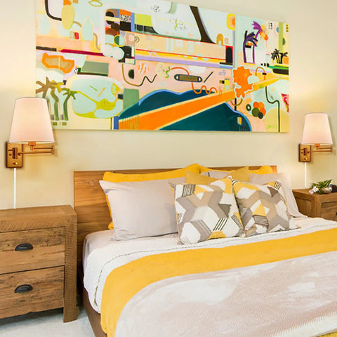 Gold Swing Arm Wall Sconces Two Pack Plug In Brass Wall Lights With White Fabric Shade Adjustable Arms in bedroom.