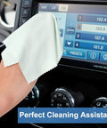 Hand using Gentle Microfiber Cleaning Cloths For Glasses And Electronics Pack Of 50 Pcs on car touchscreen display.