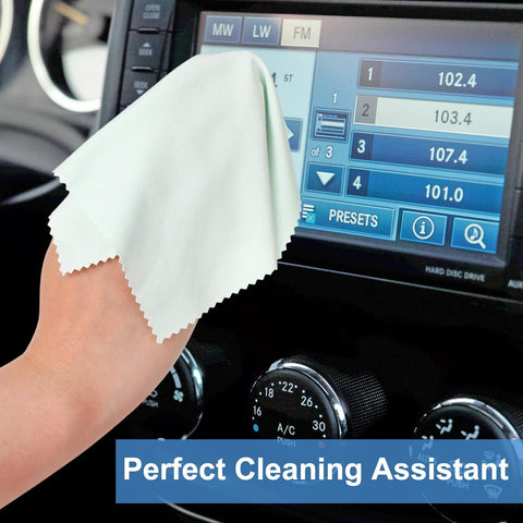 Hand using Gentle Microfiber Cleaning Cloths For Glasses And Electronics Pack Of 50 Pcs on car touchscreen display.