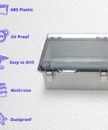 Rugged Outdoor Waterproof Electrical Junction Box with IP67 Weatherproof ABS Enclosure and Hinged Cover next to features list