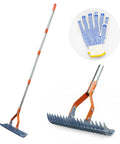 74 Inch Heavy Duty Metal Dethatcher Rake with Hardened Steel Tines, detachable handle, and garden glove for lawn cleanup.
