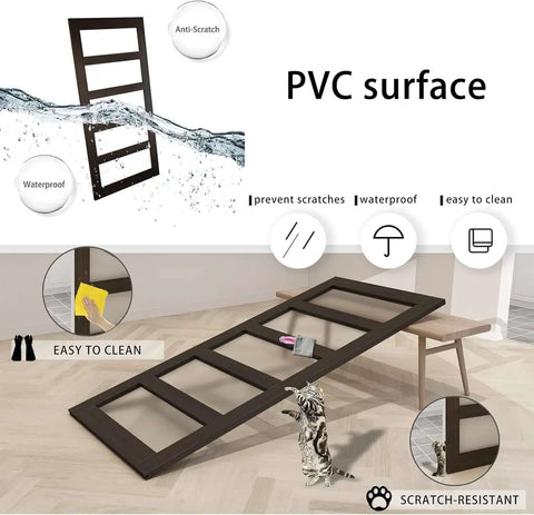 Five-panel frosted glass barn door showing waterproof and scratch-resistant PVC surface features, easy to clean, brown finish.