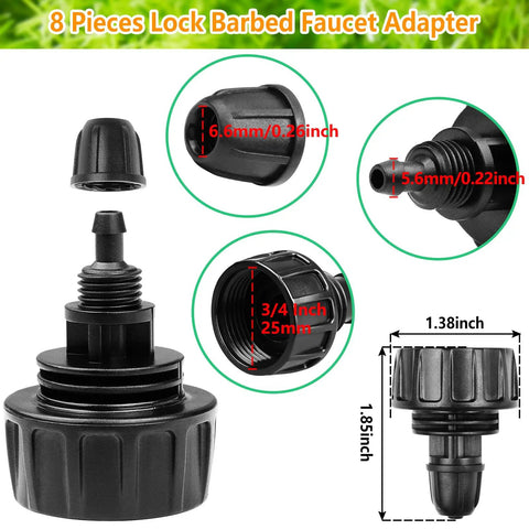 1/4 Inch Drip Irrigation Tubing Faucet Adapter Set 8 Pack 3/4 To 1/4 Inch Hose Adapters with dimensions and lock design
