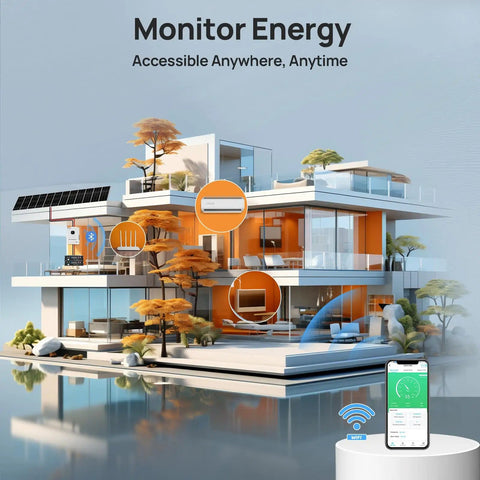Modern home with Off Grid Solar System Kit For Home With 2340W Solar Array, 10kW Inverter, And Two 48V 100Ah Lithium Batteries visible