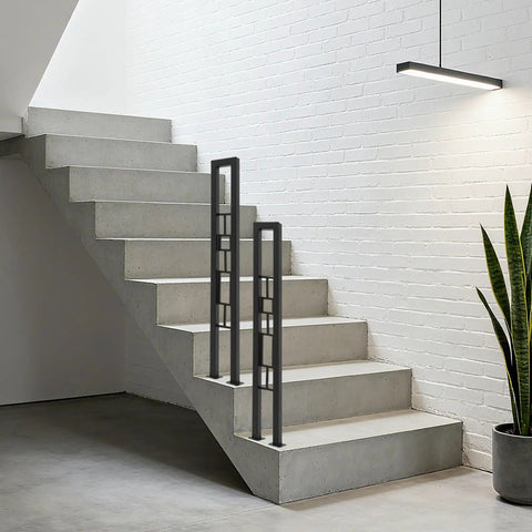 U Shaped Wrought Iron Stair Handrail Featuring Tough As Nails Rectangle Railing With Rock Solid Non Slip Base For Indoor Outdoor Porch Deck Loft Safety Support Two Pack Matte Black on concrete stairs.