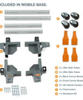 Components of heavy duty mobile base for power tools, including swivel casters, side tubes, corner brackets, foot levers, and hardware.