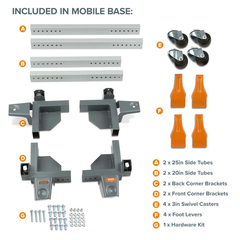 Components of heavy duty mobile base for power tools, including swivel casters, side tubes, corner brackets, foot levers, and hardware.