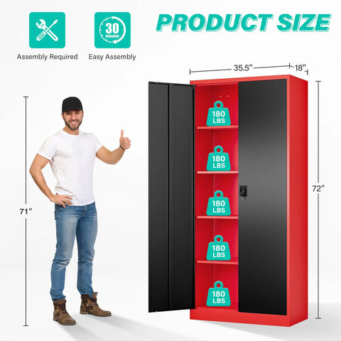 Heavy Duty Metal Storage Cabinet With Locking Doors 72 Inch Tall Wide And Deep Garage Organizer With Adjustable Shelves For Home Office Shop Garage And Basement Durable Construction For Long Lasting Performance shown with dimensions and weight capacity