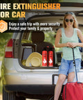 Woman with suitcase beside open car trunk with All-In-One 8-In-1 Fire Extinguishers Pack For Home Car Boat Kitchen With Mounts Class A B C K Fire Portable Non Toxic Prevent Reignition Easy Clean 4 Pack.