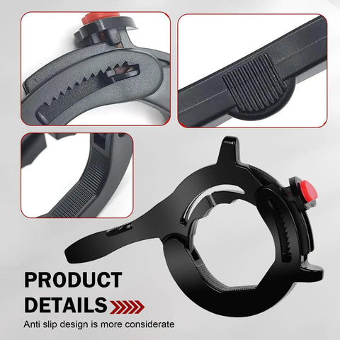 Universal Motorcycle Throttle Assist Black One Button Cruise Control Brace showing anti-slip design and push button release.
