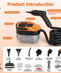 Heavy Duty Handheld Steam Cleaner Delivers 15 Second Rapid Heatup For Crushing Stubborn Grime On Tile Grout Hardwood And Car Seats Featuring 1.6 Liter Water Tank And Complete Tool Set For Straight Up No Sweat Cleaning components, including nozzle, water tank and tools.