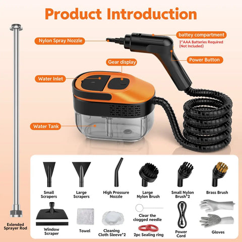 Heavy Duty Handheld Steam Cleaner Delivers 15 Second Rapid Heatup For Crushing Stubborn Grime On Tile Grout Hardwood And Car Seats Featuring 1.6 Liter Water Tank And Complete Tool Set For Straight Up No Sweat Cleaning components, including nozzle, water tank and tools.