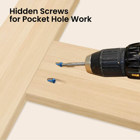 Pocket Hole Screws Size 8 1 1/4 Inch 300 Pieces No Nonsense Rust-Resistant Blue Coated Exterior Wood Screws being drilled into wood