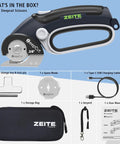 Zeite Deepcut 3/8" Cordless Electric Cardboard Cutter With Led Light And Rechargeable Power, showing included blade, storage bag and accessories.