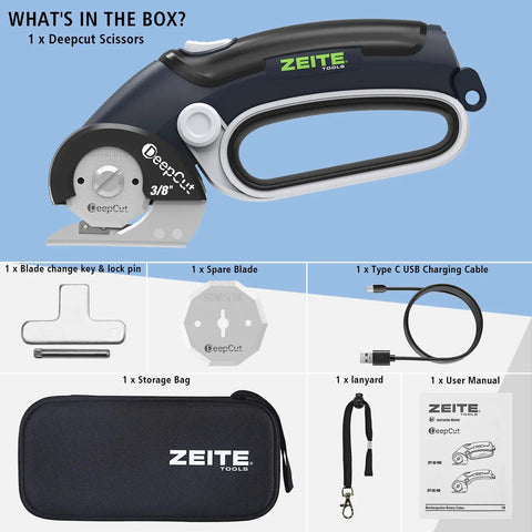 Zeite Deepcut 3/8" Cordless Electric Cardboard Cutter With Led Light And Rechargeable Power, showing included blade, storage bag and accessories.