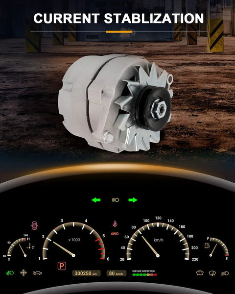 One Wire 100 Amp Alternator Replacement For 10SI Self Exciting Units For SBC BBC GM High Output Vehicles Plug And Play Easy Install With OE Grade Bearings 1 Wire Design Compatible With Chevy And GM 10SI 1 Wire Setups shown in front view.