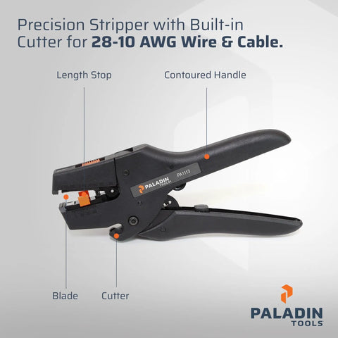 Automatic Wire Stripper And Cutter Pro Tool for 28-10 AWG with contoured handle and precision stripper blade close-up view