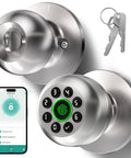 No Sweat Fingerprint Smart Door Knob Lock With Nifty Keypad And Phone App Control For Quick Everyday Access And Locked Down Home Security In Fresh Bright Silver Finish, showing keypad and app.