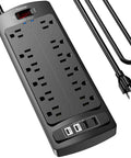6-Foot Heavy Duty Extension Cord Power Strip With 12 AC Outlets And 4 USB Ports, 2700 Joules Surge Protector, ETL Listed, Black, Ideal For Home Office Dorms And Everyday Desk Setup. Black 6-foot power strip with 12 outlets and USB-C ports