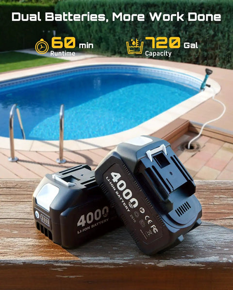 Cordless Stick Water Pump With 2.2 Inch Head Battery Powered Utility Pump focus keyword and two 4000mAh batteries by a pool