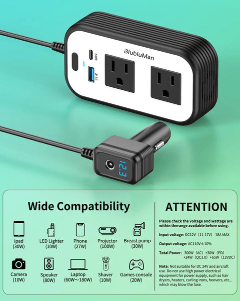 Plug Straight Into Your Ride With This Dope 300W Car Power Inverter Designed For Starlink Mini Users Plus Dual 110V AC Outlets Quick Type C Charging USB Ports And A Smart Digital Meter That Keeps Your Daily Commute Vibes Totally Smooth Today, showing a black and white power inverter with dual AC outlets and USB ports.