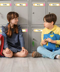 Children sitting by lockers with 36 Pack Magnetic Dry Erase Name Tags 7.8 x 1.57 Inches Reusable Erasable Pencil Labels visible.