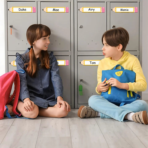 Children sitting by lockers with 36 Pack Magnetic Dry Erase Name Tags 7.8 x 1.57 Inches Reusable Erasable Pencil Labels visible.