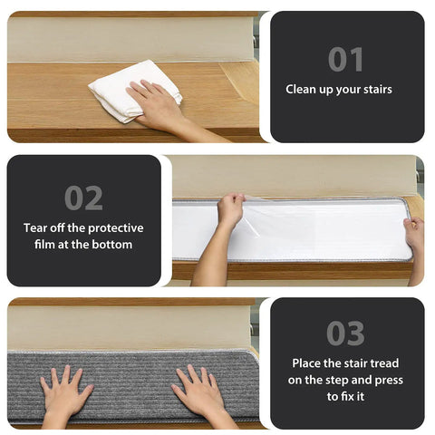 Installation steps for stair tread carpet runner set with adhesive backing and nonskid grip for easy install 14 plus 1 pieces