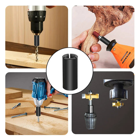 Hella Solid Four Pack Black Router Collet Reduction Sleeves, 1/2 To 1/4 Inch Chuck Converters Crafted From Tough Carbon Steel in use with tools.