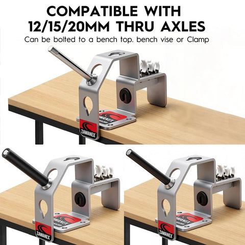 Heavy Duty Bicycle Wheel Holder And Tire Repair Stand with three angle positions, shown fitted on wooden bench for home garage use.