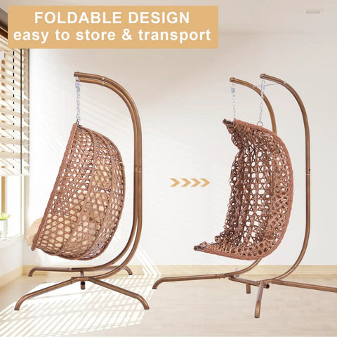 Two Person Outdoor Egg Chair With Stand Hexagon Rattan Wicker Swing Chair For Patio, side view of foldable design.
