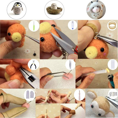 Needle Felting Starter Kit With 40 Color Wool Roving 3 Grams Each For Felted Animals And DIY Wool Crafts Complete Tool Set With Instructions Included Great For Beginners And Advanced Projects, showing step-by-step felting process and tools.