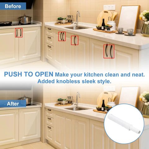 Before and after kitchen cabinet transformation with Magnetic Push Latch Set For Cabinet Doors Push To Open Hidden Door Release Durable Plastic White 2 Pack Cabinet Hardware 73x10 mm (2.87x0.4 In) Drawer Pull For Closets And Furniture Rust Resistant visible