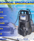 1/2 HP Automatic Sump Pump, 2450 GPH Submersible Water Pump With 3/4 Inch Garden Hose Check Valve Adapter beside pool.