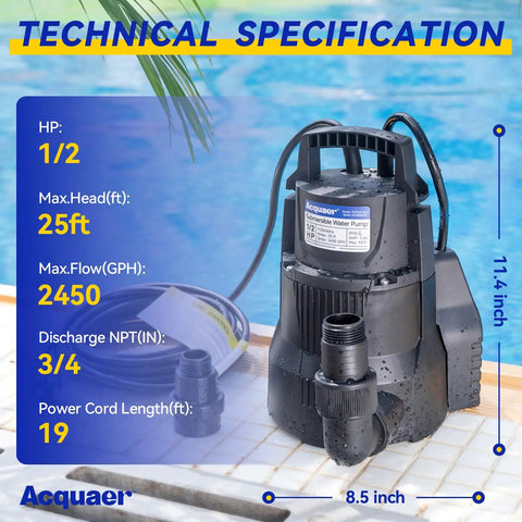Heavy Duty 1/2 HP Submersible Sump Pump With Up To 2820 GPH, 24.5 Ft Lift, 3/4 Inch Garden Hose Check Valve Adapter, Perfect For Flooded Basements, Pools, Spas, And Quick Clean Water Transfer, 25 Ft Cord
