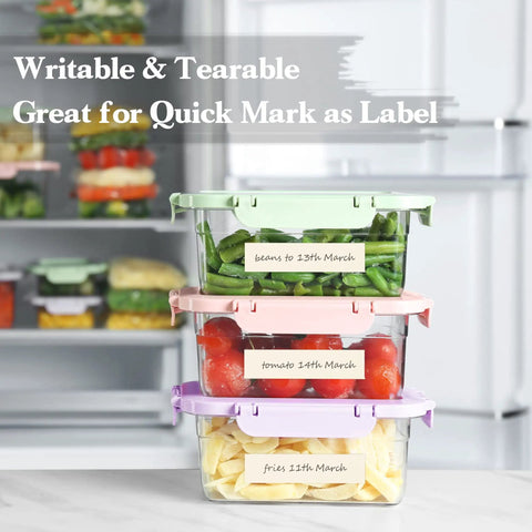 Stacked labeled food containers in fridge with writable masking tape